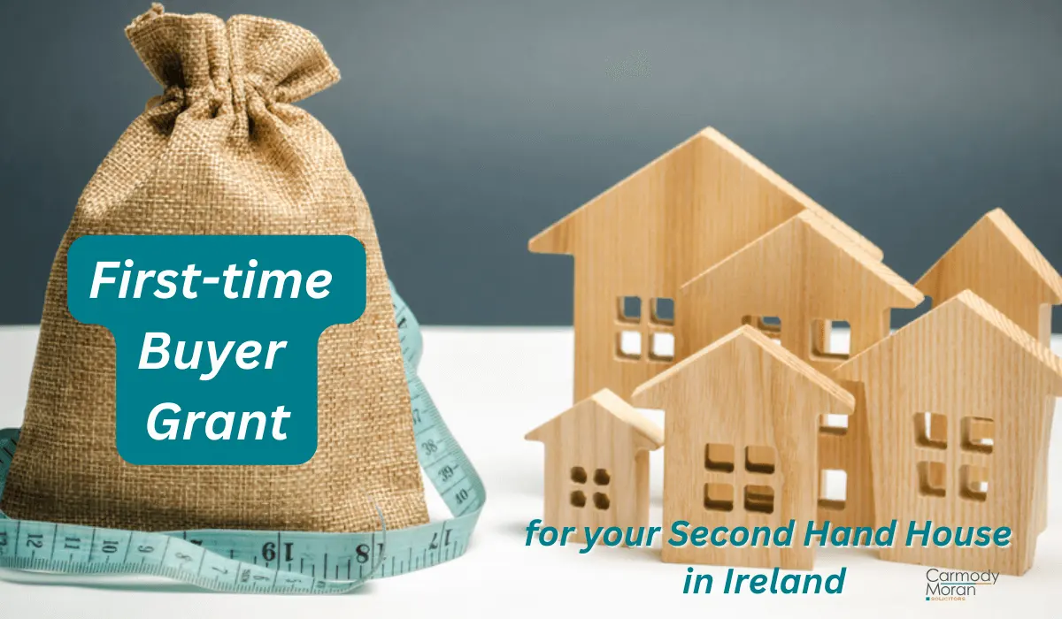 First-Time Buyer Text in Brown Abaca Money Bag besides Miniature Wooden Houses with "Second Hand Houses In Ireland" Written Across 